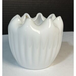 Vintage Fenton Milk Glass Pinch Vase Mid Century Ribbed Art Glass Rose Bowl
